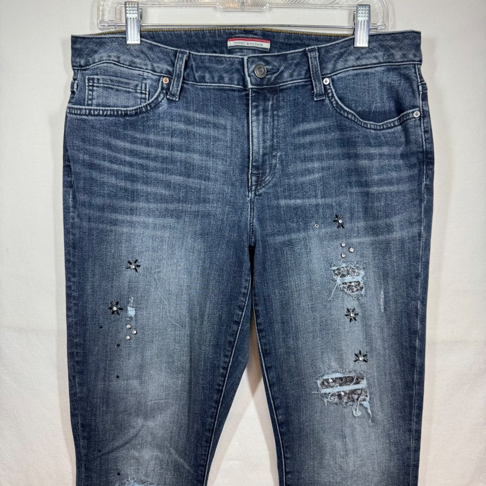 Tommy Hilfiger Skinny Jeans‎ Women Size 10 Embellished Distressed Dark Wash